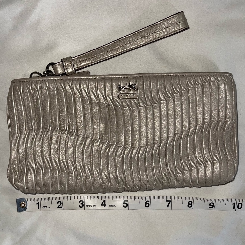 Coach Madison Pleated Leather Clutch- champagne with silver accents